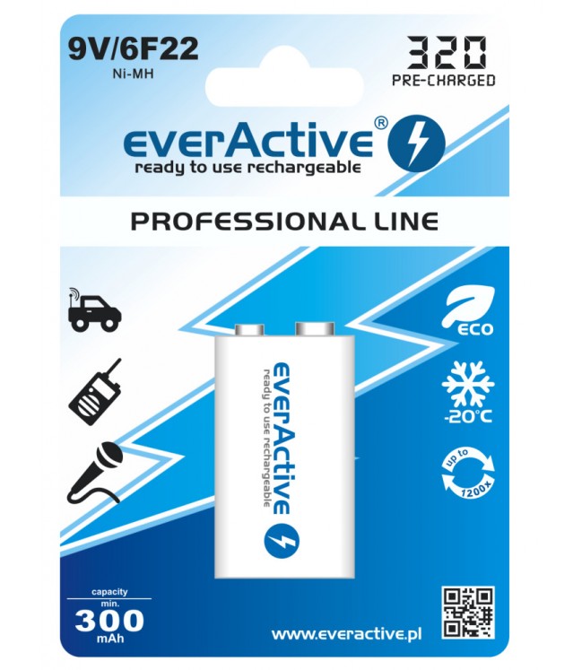 9V 320mAh rechargeable battery everActive Professional Ready to Use , 1 pcs. 