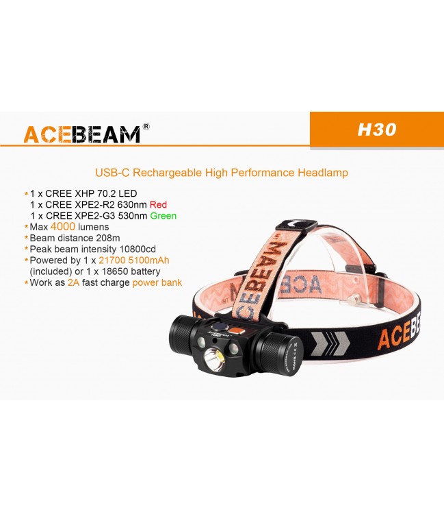 Фонарик на голове Acebeam H30, 6500k