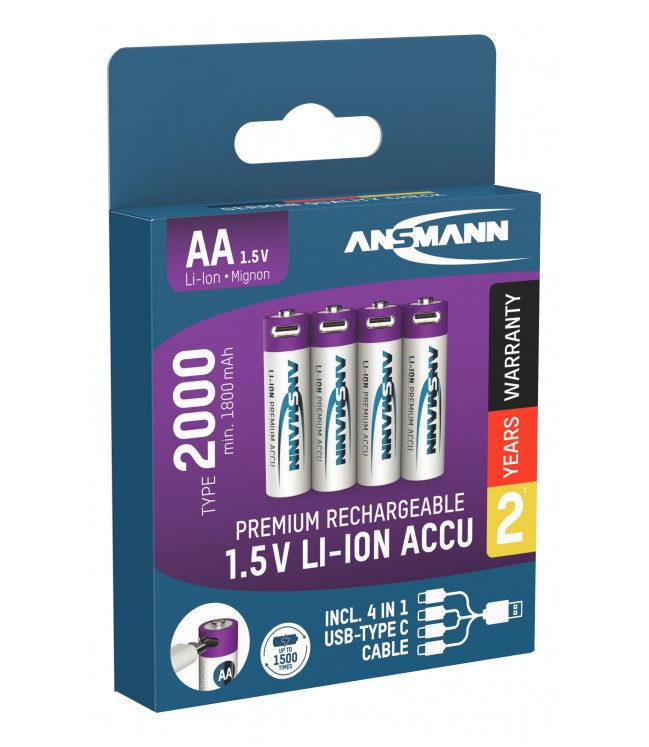Ansmann uzlādējamas baterijas AA 1.5V 2000mAh (Li-Ion 3.26Wh) ar USB-C ligzdu, maksimālā izlādes strāva 2A, 4gab iepakojumā 