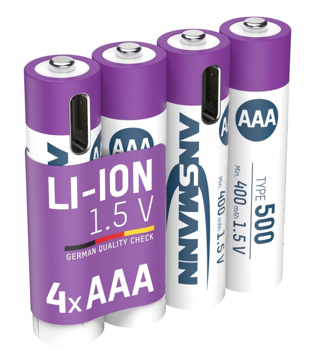 ANSMANN uzlādējamas baterijas AAA 1,5V 500mAh (Li-Ion 0,74Wh) ar USB-C ligzdu, 4 gab. iepakojumā 