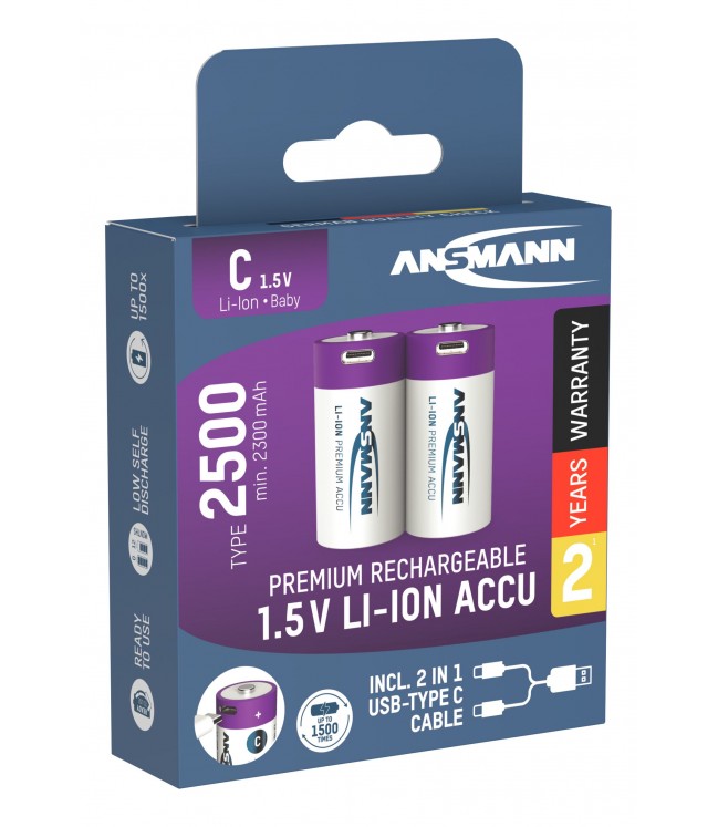 ANSMANN Rechargeable batteries C 1.5V 2500mAh (Li-Ion 4.07Wh) with USB-C socket, 2pcs per pack