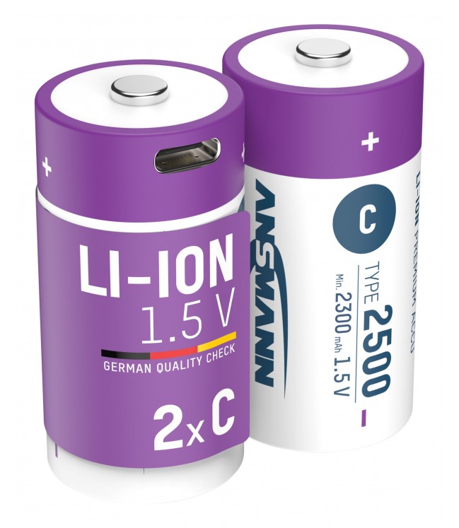 ANSMANN Uzlādējamas baterijas C 1.5V 2500mAh (Li-Ion 4.07Wh) ar USB-C ligzdu, 2gab iepakojumā