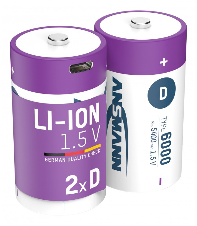 ANSMANN Uzlādējamas baterijas D 1.5V 6000mAh (Li-Ion 12Wh) ar USB-C ligzdu, 2 gab. iepakojumā 