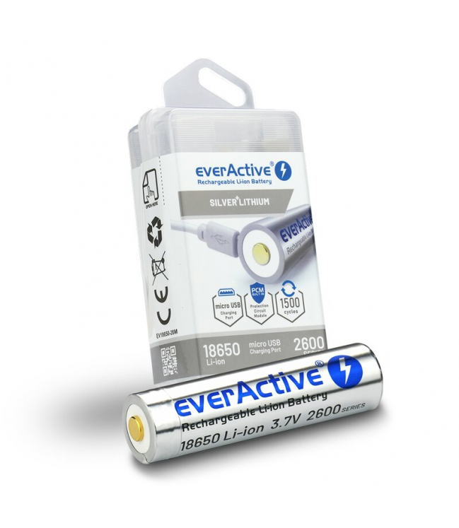 Аккумулятор EverActive 18650 3,7 В Li-ion 2600 мАh micro USB с коробкой