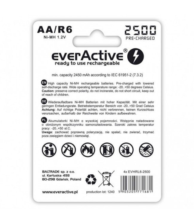 EverActive 2500mAh uzlādējamās AA baterijas, 4 gab
