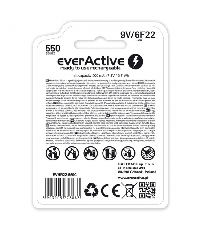 EverActive 6F22/9V Li-ion 550 mAh battery with USB TYPE C