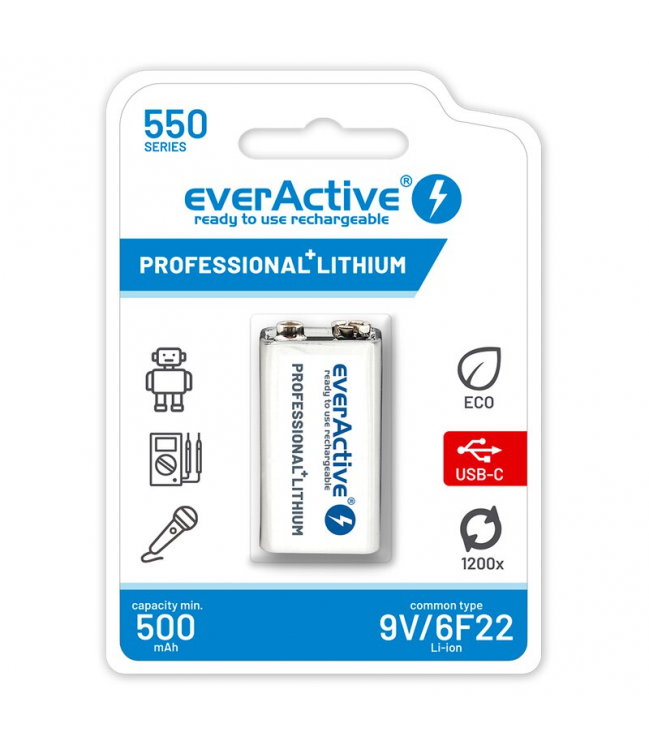 Литий-ионный аккумулятор EverActive 6F22/9V емкостью 550 mAh с USB TYPE C
