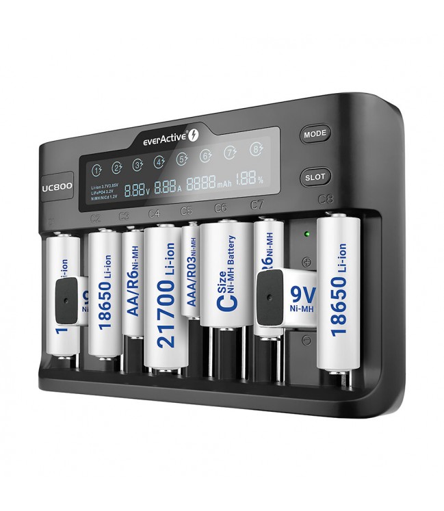 everActive UC-800 charger for cylindrical lithium-ion and Ni-MH batteries