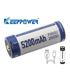 Keeppower 26650 - 5200mAh, Li-Ion 3.7V - 3.6V - PCB ar aizsardzību un USB savienotāju P2652U