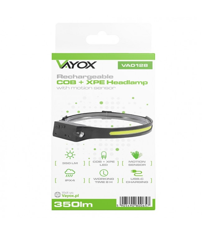 Vayox COB + XPE rechargeable 350lm headlamp with motion sensor VA0128